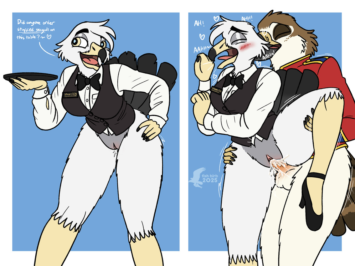 anthro balls bent_over bodily_fluids bottomless bottomless_female bottomless_male bow_tie clothed clothing cum cum_in_vagina cum_inside dialogue duo female genital_fluids genitals male male/female marching_band_uniform name_tag on_one_leg penetration penile penile_penetration penis penis_in_vagina sex standing standing_sex talon_hands text topwear vaginal vaginal_penetration vest vulva waiter waiter_suit waiter_tray fish_birb dennis_(fish_birb) spoon_(hungrycrow) accipitrid accipitriform avian bird buteo chickenhawk gull lari larid red-tailed_hawk comic english_text hi_res