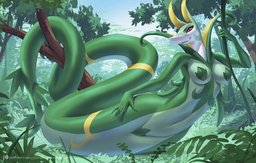 anthro apode breasts featureless_crotch female female_anthro forest green_body jungle leaf_pasties legless long_body looking_at_viewer medium_breasts nature nude plant red_eyes serpentine smile solo tree vines wide_hips alanscampos nintendo pokemon draconcopode generation_5_pokemon naga pokemon_(species) serperior 2024 hi_res