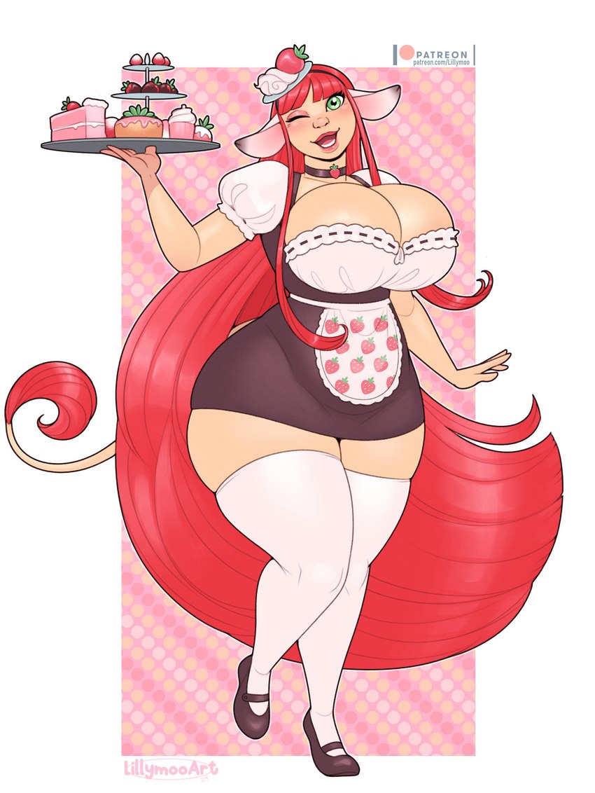 anthro barmaid big_breasts breasts cake choker cleavage clothed clothing cupcake dessert female food fruit green_eyes hair holding_tray huge_breasts jewelry legwear long_hair necklace one_eye_closed plant raised_leg red_hair solo strawberry strawberry_pattern sweets text thigh_highs waiter wink lillymoo bovid bovine cattle mammal absurd_res hi_res url