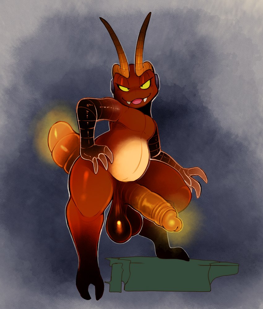 antennae_(anatomy) anthro balls belly big_balls big_penis black_body erection fangs foreskin genitals glowing glowing_abdomen glowing_genitalia glowing_penis grey_background huge_balls huge_penis humanoid_genitalia humanoid_penis looking_at_viewer male orange_body penis retracted_foreskin saggy_balls simple_background slightly_chubby solo teeth yellow_eyes daftpatriot alien arthropod beetle elateroid firefly insect 2021 hi_res