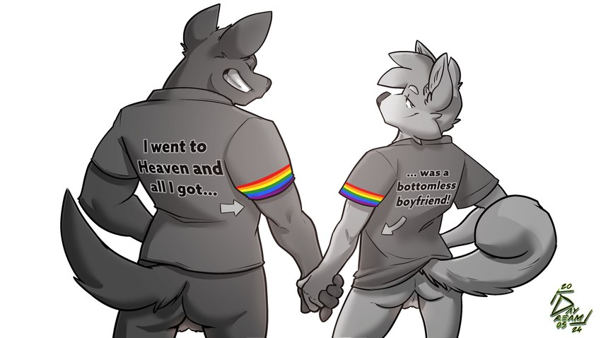 anthro backsack balls biped black_body black_fur bottomless bottomless_anthro bottomless_male clothed clothing duo fur genitals grey_body grey_fur hand_holding lgbt_pride male male/male male_anthro pride_color_clothing pride_colors romantic romantic_couple shirt six-stripe_rainbow_pride_colors smirking_at_partner text text_on_clothing text_on_shirt text_on_topwear topwear daydream_os housepets! fox_(housepets!) mungo_(housepets!) canid canine canis domestic_dog husky mammal nordic_sled_dog pharaoh_hound primitive_dog siberian_husky spitz absurd_res hi_res