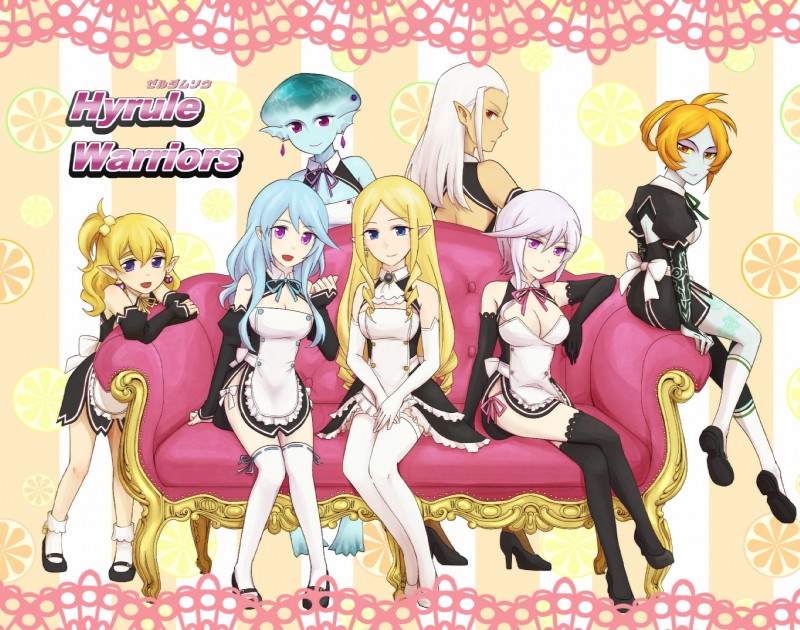 big_breasts blonde_hair blue_eyes blue_hair breasts cleavage clothed clothing ear_piercing female footwear furniture group hair high_heels humanoid_pointy_ears legwear looking_at_viewer looking_back maid_uniform orange_hair parody piercing pointy_ears purple_eyes red_eyes shoes smile sofa stockings thigh_highs uniform white_hair yellow_sclera spuk_ball dream_c_club hyrule_warriors nintendo ocarina_of_time the_legend_of_zelda twilight_princess agitha_(tloz) cia_the_dark_sorceress impa lana_the_white_sorceress midna_(true_form) princess_ruto princess_zelda animal_humanoid fish fish_humanoid humanoid hylian marine marine_humanoid sheikah twili zora hi_res