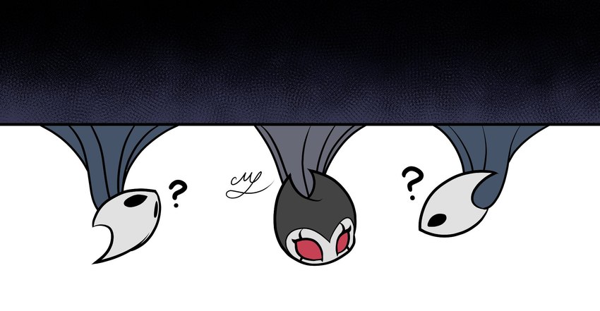 2_horns ambiguous_gender black_eyes black_horn ceiling facial_markings group hanging_by_tail head_markings horn looking_at_another markings on_ceiling question_mark red_eyes simple_background tail trio white_background white_horn maci_lena hollow_knight team_cherry grimmchild_(hollow_knight) arthropod bat belfly_(hollow_knight) mammal 2024 digital_media_(artwork) hi_res signature