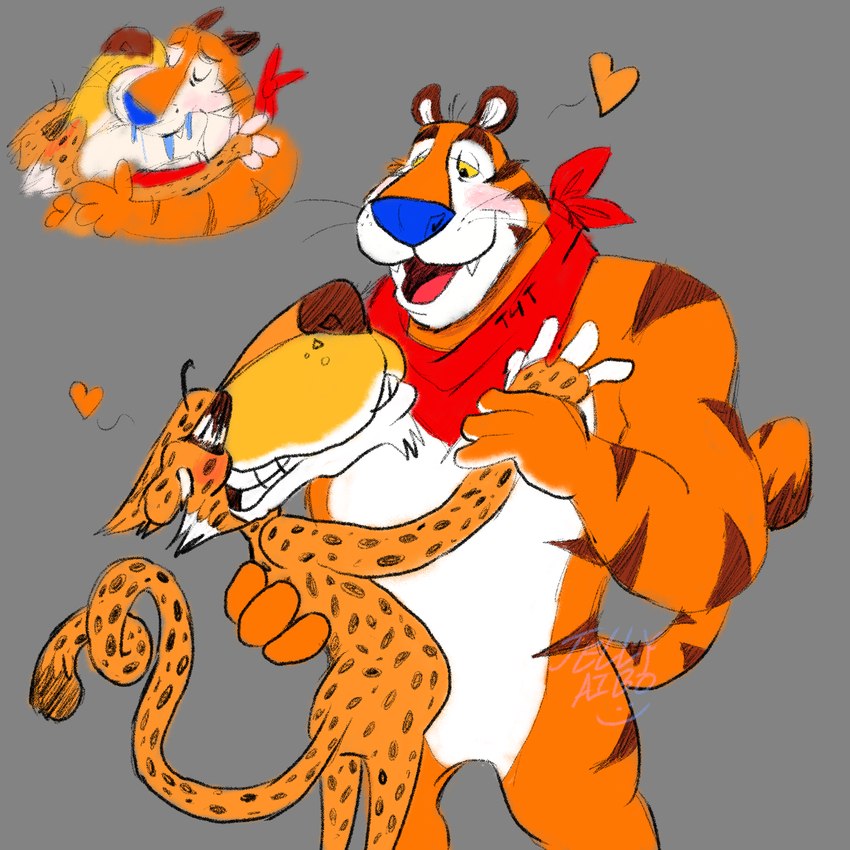 anthro blush bodily_fluids cutaway duo eyewear french_kissing heart_symbol kissing male male/male mascot saliva smile sunglasses jellyaibo cheetos frosted_flakes kellogg's yoshi_and_toad_kissing chester_cheetah tony_the_tiger cheetah felid feline mammal pantherine tiger 1:1 hi_res