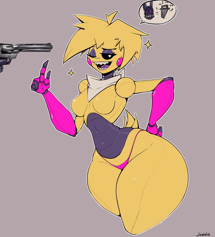 5_fingers ambiguous_gender anthro black_sclera blonde_hair blush blush_stickers border bottom_heavy breasts clothed clothing eyebrows eyelashes eyeliner featureless_breasts female fingers gesture grey_background grey_body gun hair hand_gesture hand_on_hip handgun holding_gun holding_handgun holding_object holding_ranged_weapon holding_revolver holding_weapon huge_hips huge_thighs imminent_death kerchief looking_at_viewer machine makeup medium_breasts multicolored_body navel neckerchief neckwear one_eye_closed open_mouth open_smile panties piercing pink_body pink_clothing pink_panties pink_tongue pink_underwear pointing pointing_up pseudo_clothing ranged_weapon revolver scut_tail sharp_teeth short_tail simple_background small_waist smile solo_focus speech_bubble standing tail teeth thick_thighs three-quarter_view tongue tongue_piercing topless trash_can underwear weapon white_border white_eyes white_kerchief white_neckerchief wide_hips wink yellow_body justbirb five_nights_at_freddy's five_nights_at_freddy's_2 scottgames chica_(fnaf) withered_bonnie_(fnaf) animatronic avian lagomorph mammal robot robot_anthro 2025 digital_media_(artwork) flat_colors hi_res krita_(artwork) pictographics portrait signature three-quarter_portrait