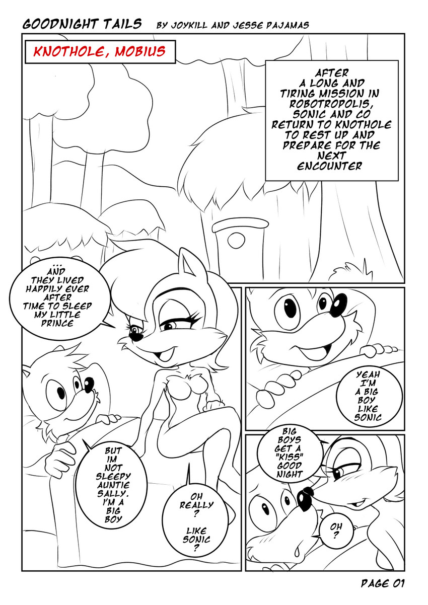 age_difference anthro dialogue duo female goodnight_tails knothole male male/female text young young_anthro jessepajamas joykill archie_comics sega sonic_the_hedgehog_(archie) sonic_the_hedgehog_(comics) sonic_the_hedgehog_(series) miles_prower sally_acorn sonic_the_hedgehog canid canine chipmunk fox ground_squirrel mammal rodent sciurid black_and_white comic english_text hi_res monochrome