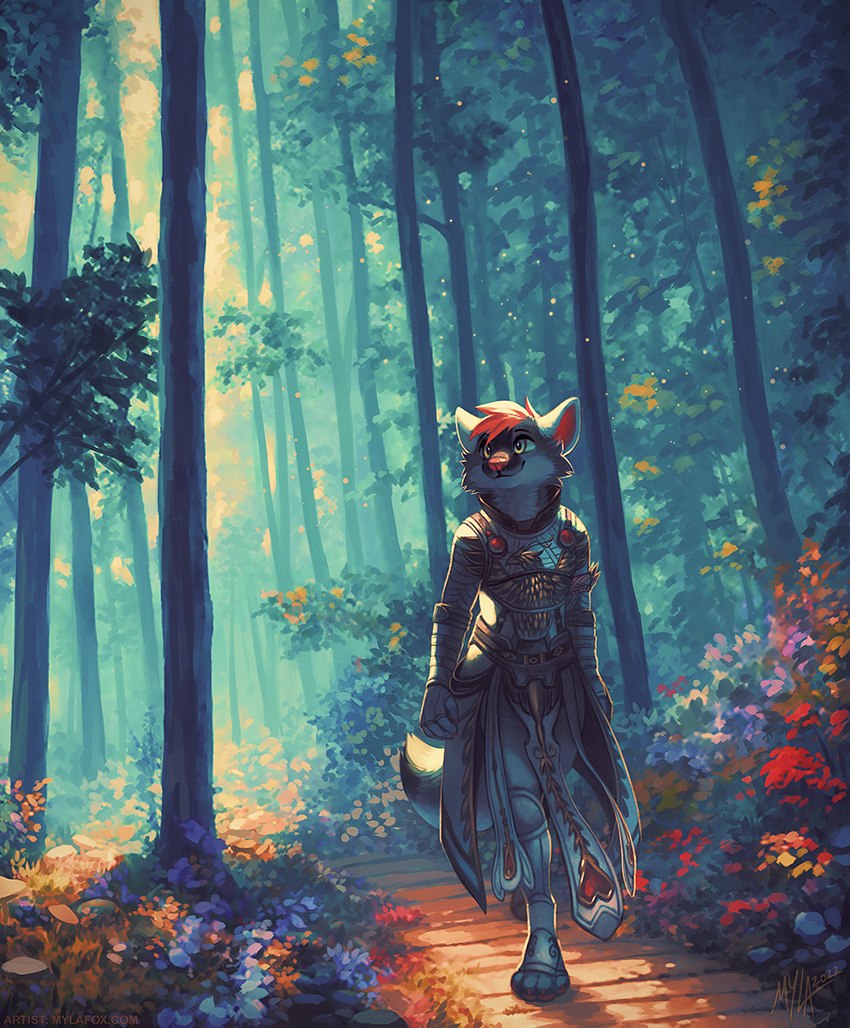 anthro armor closed_smile clothed clothing detailed_background female flower forest front_view fungus fur glistening glistening_eyes grey_body grey_fur hair mouth_closed mushroom orange_flower outside pink_flower plant red_flower red_hair red_nose short_hair shrub smile solo text tree walking white_body white_fur mylafox canid canine canis mammal wolf 2022 dated full-length_portrait hi_res portrait signature url