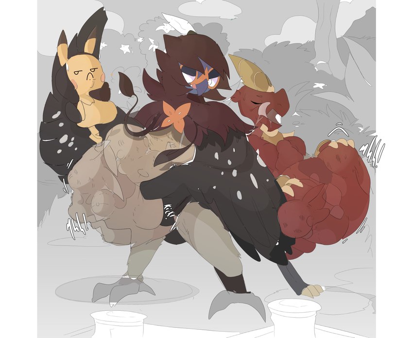 ambiguous_gender ambiguous_pred ambiguous_prey anthro anthro_pred avian_feet belly big_belly black_body black_feathers black_fur bodily_fluids body_outline brown_body brown_fur dripping drooling eyes_closed face_imprint feathers featureless_crotch feral feral_prey forced frown frowney_face fully_inside fur fur_tuft greyscale_background group hand_imprint hand_on_belly hand_on_own_belly hands_on_own_belly holding_character imminent_oral_vore imminent_vore imprint kick larger_ambiguous larger_anthro larger_pred licking licking_lips licking_own_lips looking_at_another looking_away muffled multicolored_body multicolored_fur multiple_pred multiple_prey narrowed_eyes nature nature_background onomatopoeia open_mouth oral_vore outside pokeball pokeball_in_stomach red_body saliva saliva_drip saliva_string simple_face size_difference smaller_ambiguous smaller_feral smaller_prey soft_vore sound_effects standing struggling struggling_prey sweat sweatdrop text tongue tongue_out tuft unwilling_prey vore vowelless vowelless_vocalization wings yellow_body yellow_fur dark-lunch mythology nintendo pokemon avian decidueye dragon generation_1_pokemon generation_7_pokemon hakamo-o mammal mythological_creature mythological_scalie pikachu pokemon_(species) rodent scalie 2018 absurd_res digital_drawing_(artwork) digital_media_(artwork) full-length_portrait hi_res pillarbox portrait shaded simple_shading