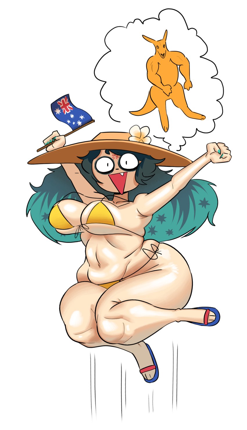 anthro australian australian_flag bikini blue_hair breasts clothing eyeshadow female flag flag_(object) flower flower_on_hat footwear gradient_hair hair hat headgear headwear holding_flag holding_object jumping long_hair looking_at_viewer makeup muscular muscular_arms occult_symbol open_mouth open_smile pentagram plant raised_arms sandals sharp_tooth shoes side-tie_bikini simple_background slightly_chubby smile solo stars_in_hair string_bikini sun_hat swimwear symbol tailless thick_thighs thought_bubble two-piece_swimsuit under_boob white_background white_body wide_eyed wide_hips yellow_bikini yellow_clothing yellow_swimwear kryadrawgin cartoon_hangover the_summoning claire_(the_summoning) felid feline felis kangaroo macropod mammal marsupial 2025 digital_media_(artwork) full-length_portrait hi_res portrait