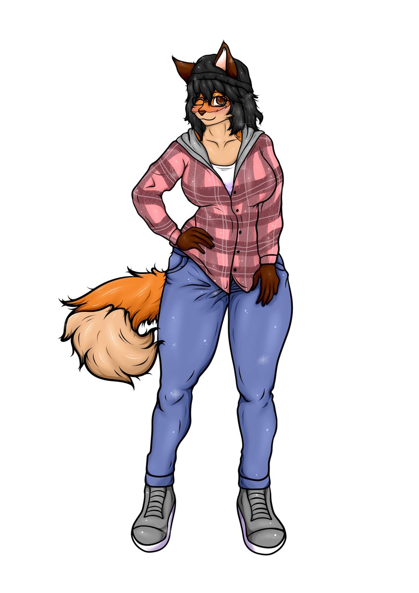 anthro blue_bottomwear blue_clothing blue_jeans blue_pants bottomwear clothed clothing denim denim_bottomwear denim_clothing dipstick_tail female fully_clothed fur jeans looking_at_viewer markings multicolored_body multicolored_fur one_eye_closed pants simple_background solo tail tail_markings two_tone_tail wink winking_at_viewer zal_el emma_the_fox canid canine fox mammal red_fox true_fox absurd_res hi_res