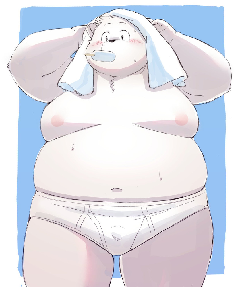 anthro belly blush briefs briefs_only bulge clothed clothing fur kemono male moobs nipples overweight overweight_anthro overweight_male solo tighty_whities topless towel underwear underwear_only white_body white_briefs white_clothing white_fur white_underwear sv_grart bear mammal polar_bear ursine 2020 hi_res