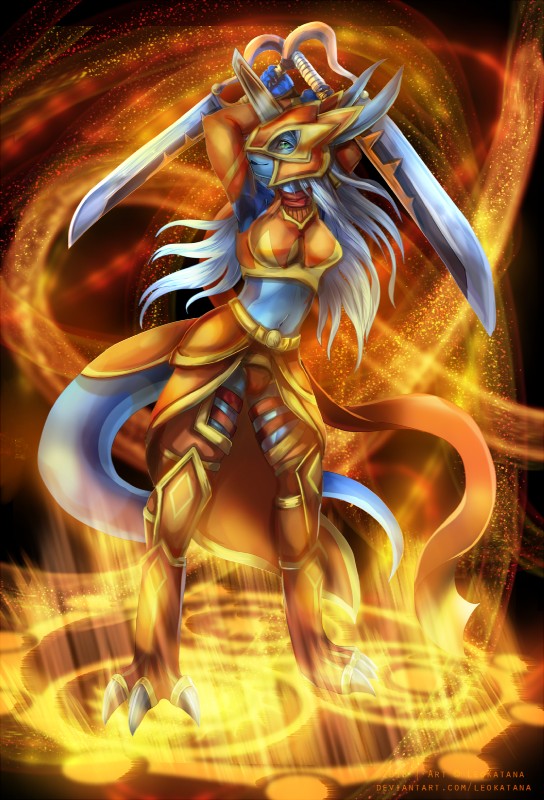 anthro armor blue_body blue_skin breasts cape claws clothed clothing crossed_arms detailed_background female green_eyes hair headgear helmet long_hair magic melee_weapon non-mammal_breasts open_mouth smile solo sword tail weapon white_hair leokatana bandai_namco digimon mythology femacendramon digimon_(species) dragon flamedramon mythological_creature mythological_scalie scalie hi_res