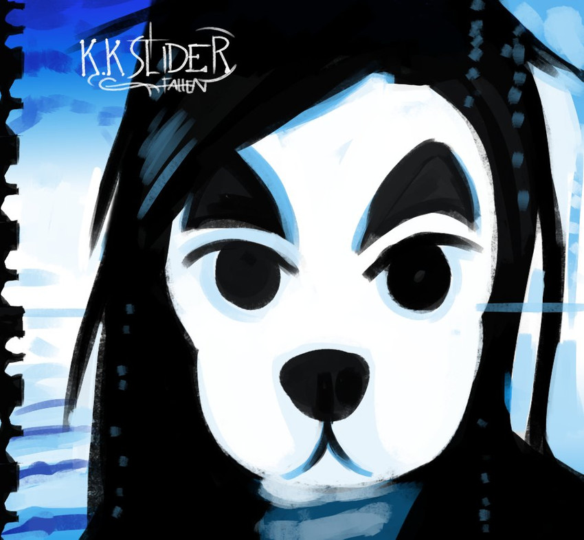 :< abstract_background album album_redraw anthro black_eyebrows black_eyes black_hair black_nose blue_background close-up eyebrows fur hair long_hair looking_at_viewer male simple_background solo text thick_eyebrows white_background white_body white_fur devilbombers animal_crossing evanescence fallen_(album) k.k._slider_album_redraw nintendo k.k._slider canid canine canis domestic_dog mammal 2020 album_cover bust_portrait cover english_text meme portrait