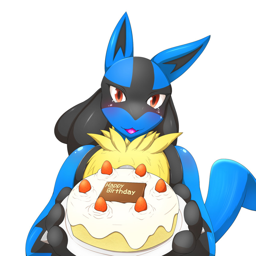 anthro black_inner_ear blue_body blue_ears blue_tail bodily_fluids cake dessert food front_view fruit fur fur_tuft holding_cake holding_food holding_object holding_plate looking_at_viewer open_mouth plant pupils red_eyes simple_background solo strawberry tail tears tongue tuft white_background kemojin nintendo pokemon generation_4_pokemon lucario pokemon_(species) 1:1 alternate_version_at_source hi_res