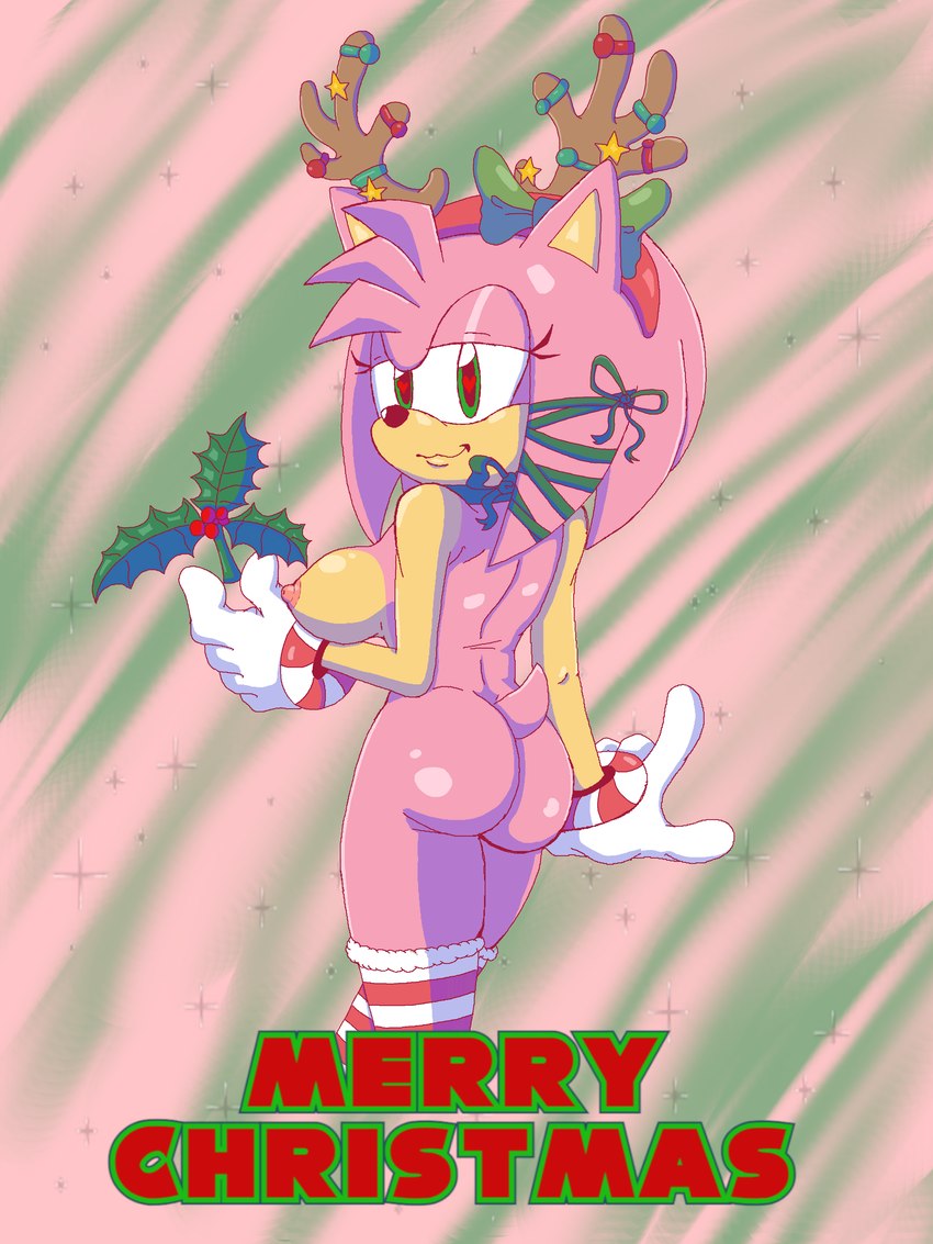 accessory anthro bubble_butt butt christmas_clothing christmas_headwear clothing female glistening glistening_butt headband headgear headwear heart_eyes heart_symbol holidays holly_(plant) nipples nude nude_anthro nude_female plant pose solo text wrapped_up wrapping_paper lewdsharx christmas sega sonic_the_hedgehog_(series) amy_rose eulipotyphlan hedgehog mammal 3:4 absurd_res english_text hi_res pinup