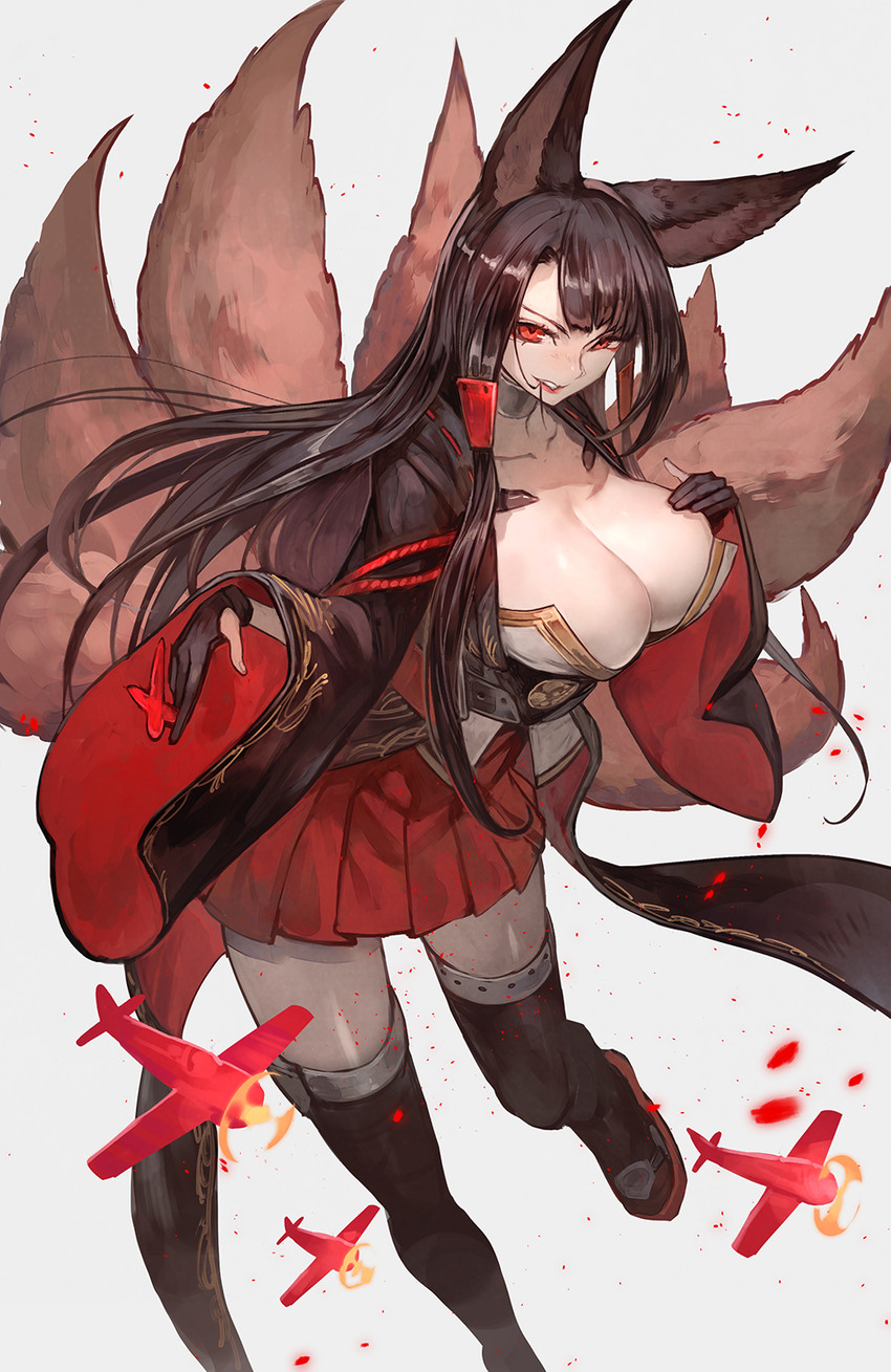 7_tails aircraft airplane big_breasts black_hair bottomwear breasts cleavage clothed clothing female hair hand_on_breast huge_breasts multi_tail red_eyes simple_background skirt smile solo tail vehicle white_background lalalalack azur_lane akagi_(azur_lane) animal_humanoid canid canid_humanoid canine canine_humanoid fox_humanoid humanoid mammal mammal_humanoid 2017 hi_res