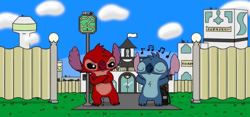 angry backpack black_eyes blue_body blue_fur blue_nose building chest_tuft city claws crossed_arms cute_fangs duo eyes_closed fence flower fur hands_behind_head happy head_tuft looking_at_another musical_note musical_symbol notched_ear outside plant red_body red_claws red_fur red_nose sign standing symbol text toe_claws tuft dracowars disney lilo_and_stitch leroy_(lilo_and_stitch) stitch_(lilo_and_stitch) alien experiment_(lilo_and_stitch) 2021 constructed_language fictional_language hi_res tantalog_text widescreen