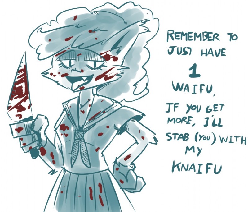 blood bodily_fluids female fur hair knife open_mouth short_hair solo text weapon yandere alvh-omega ghoul_school hanna-barbera mythology scooby-doo_(series) winnie_werewolf_(ghoul_school) canid canine humanoid mammal mythological_canine mythological_creature werecanid werecanine werecreature werewolf 2017 blue_and_white english_text monochrome