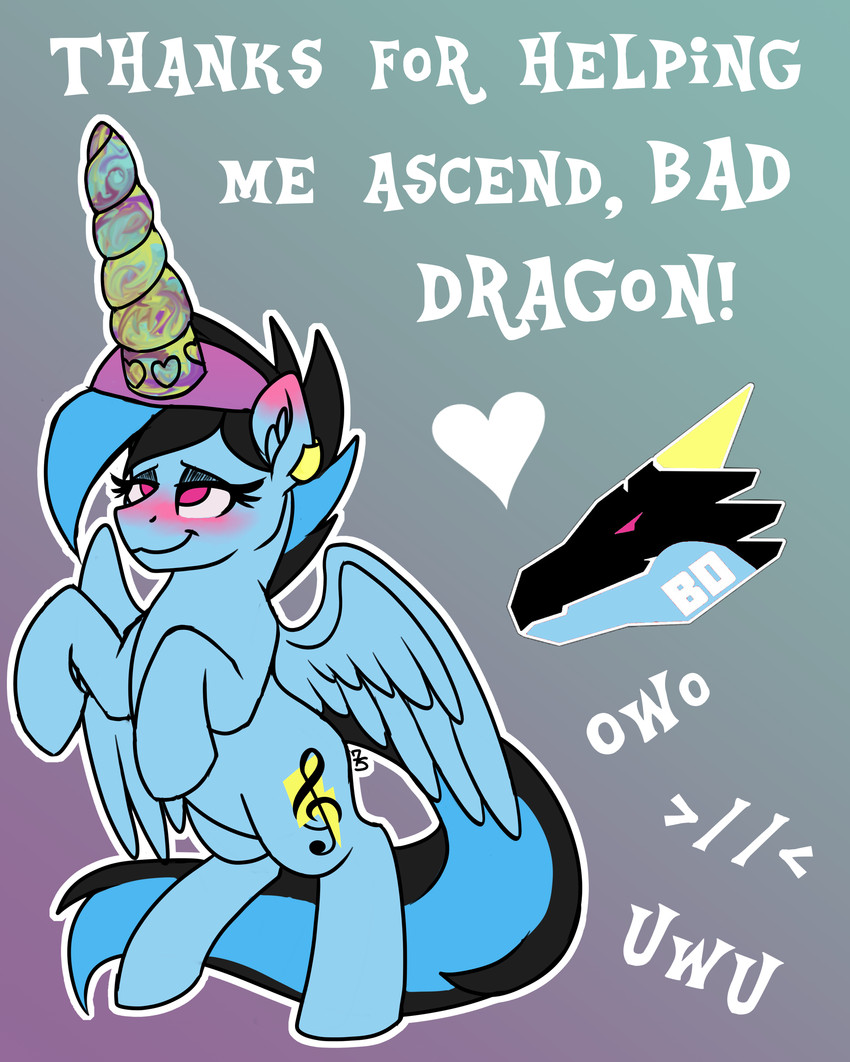 >_< blush_emoticon emoticon eyes_closed owo simple_background solo text uwu wings sevenserenity bad_dragon hasbro my_little_pony mythology fan_character equid equine horse mammal mythological_creature mythological_equine pegasus pony absurd_res english_text hi_res