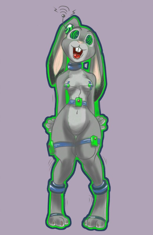 anthro buckteeth claws collar female genitals hypnosis mind_control nude open_mouth pussy ringed_eyes sex_toy simple_background solo teeth tiptoes toe_claws vibrator bastianmage disney zootopia judy_hopps lagomorph leporid mammal rabbit hi_res