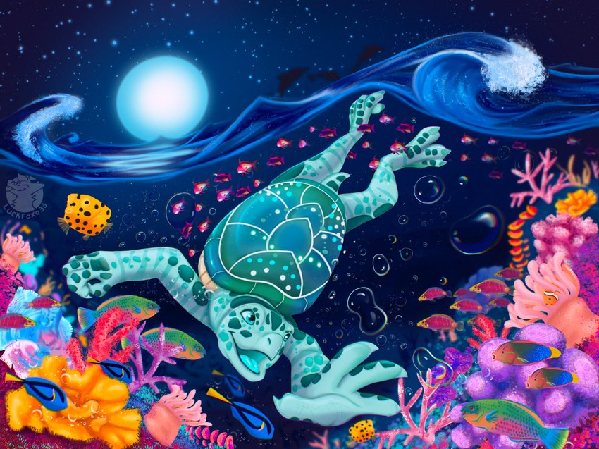 ambiguous_gender anthro bubble coral_reef frutiger_aero green_body green_scales green_shell light moon moonlight open_mouth open_smile scales shell smile solo tropical underwater water wave wide_eyed luckfoxo33 anthozoan cnidarian coral marine reptile scalie sea_turtle turtle digital_media_(artwork) digital_painting_(artwork) hi_res