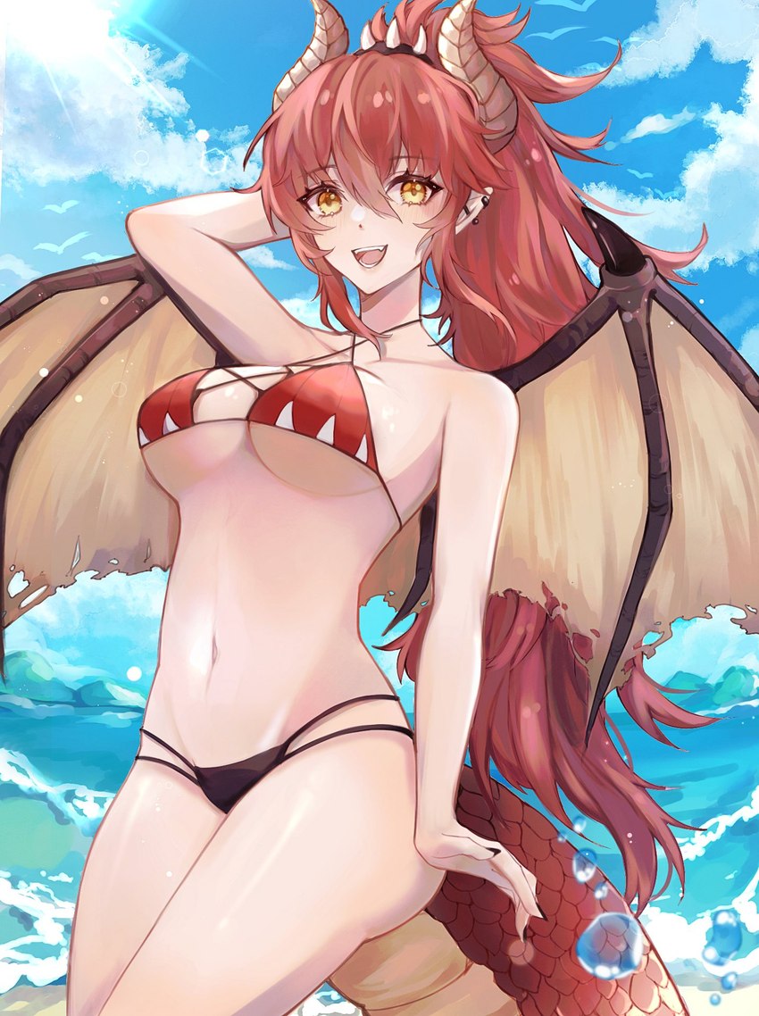 bikini black_bikini black_clothing black_swimwear blue_sky breasts clothed clothing cloud day female hair hand_behind_head horn humanoid_pointy_ears membrane_(anatomy) membranous_wings navel open_mouth outside pointy_ears pose red_bikini red_body red_clothing red_hair red_scales red_swimwear scales skimpy sky solo swimwear tail teeth tongue two-piece_swimsuit wings takoyuui mythology vtuber zentreya animal_humanoid dragon dragon_humanoid horned_humanoid humanoid mythological_creature mythological_scalie scalie scalie_humanoid winged_humanoid 2021 hi_res