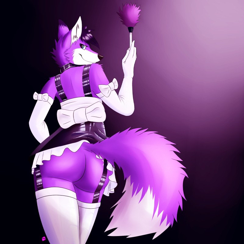 ambiguous_gender anthro bottomless bottomwear bow_armwear bow_in_back butt clothed clothing crossdressing dipstick_tail eyelashes femboy glistening gloves gradient_background hair handwear latex legwear looking_at_viewer looking_back maid_uniform male markings no_underwear presenting purple_background simple_background skirt solo tail tail_markings uniform upskirt waist_bow schizy canid canine fox mammal 1:1 2017 hi_res purple_theme