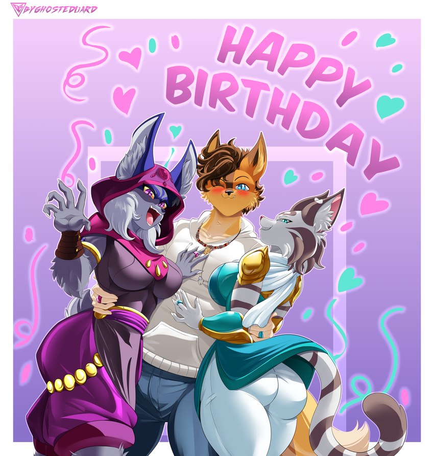 anthro armor blue_clothing blue_eyes breasts butt clothed clothing eyes_closed female group happy_birthday looking_at_viewer male male/female open_mouth purple_body purple_clothing purple_eyes ring sky smile tail text trio byghosteduard brawlhalla asuri_(brawlhalla) felid feline mammal pantherine tiger absurd_res hi_res