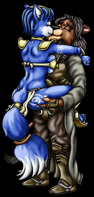 anthro armor back_groove bare_back big_breasts breast_squish breasts butt butt_grab carrying_another clothed clothing cuddling duo eyebrows eyelashes eyes_closed female hand_on_butt hug kissing male male/female piggyfront shoulder_blades skimpy squish standing happyanthro nintendo star_fox krystal_(star_fox) leonidas_almasi_(mkeil07) canid canine felid fox lion mammal pantherine 2018 absurd_res alpha_channel hi_res