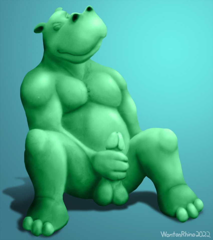 anthro balls belly blue_background clay ears_back eyes_closed genitals green_body hand_on_penis humanoid_genitalia humanoid_penis male masturbation moobs nude nude_male overweight overweight_anthro overweight_male penis pivoted_ears simple_background sitting solo wontonrhino clay_creature common_hippopotamus goo_creature hippopotamid mammal 2022 hi_res