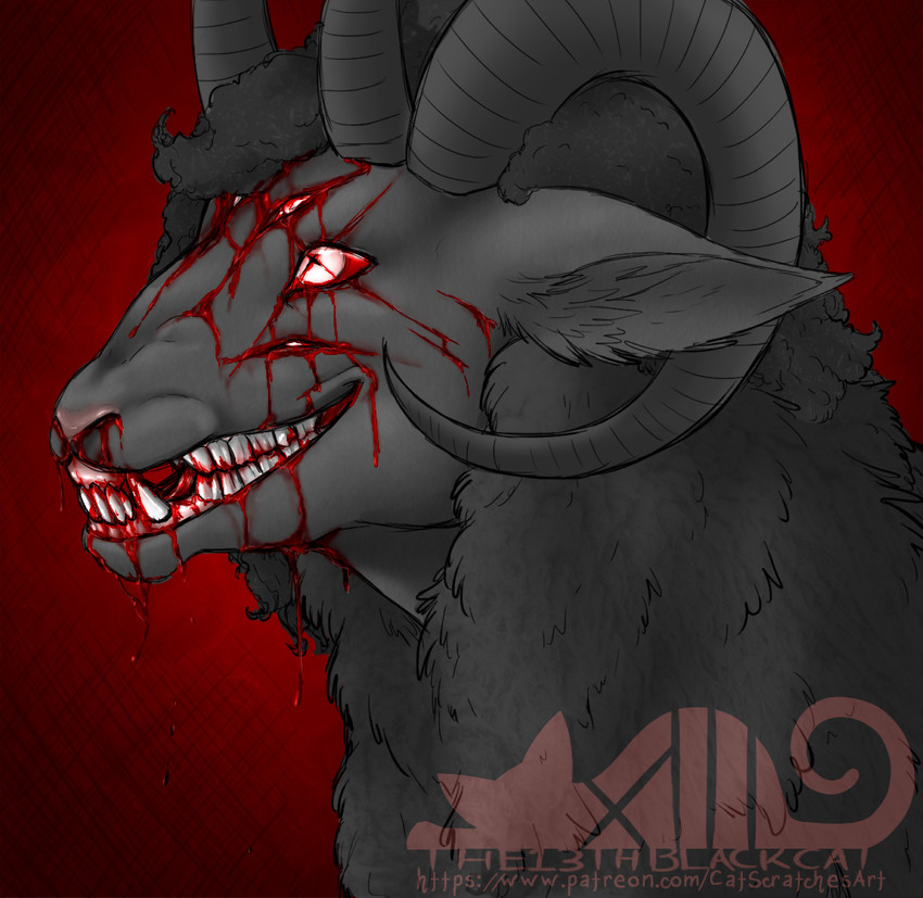 anthro black_body black_fur black_wool blood bodily_fluids eye_injury fangs fur gore horn male multi_horn nosebleed pink_eyes red_sclera solo teeth wool_(fur) wounded the13thblackcat bovid caprine demon mammal sheep bust_portrait portrait