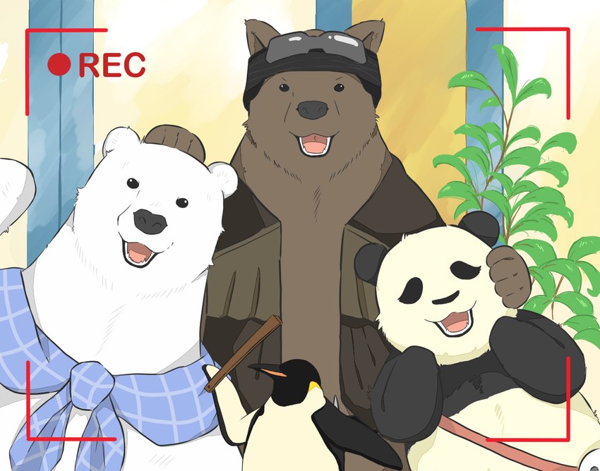 anthro black_body black_fur black_nose brown_body brown_fur clothed clothing fur group hug kemono white_body white_fur andikapatok shirokuma_cafe grizzly_(shirokuma_cafe) panda-kun shirokuma avian bear bird brown_bear grizzly_bear mammal penguin polar_bear ursine 2014