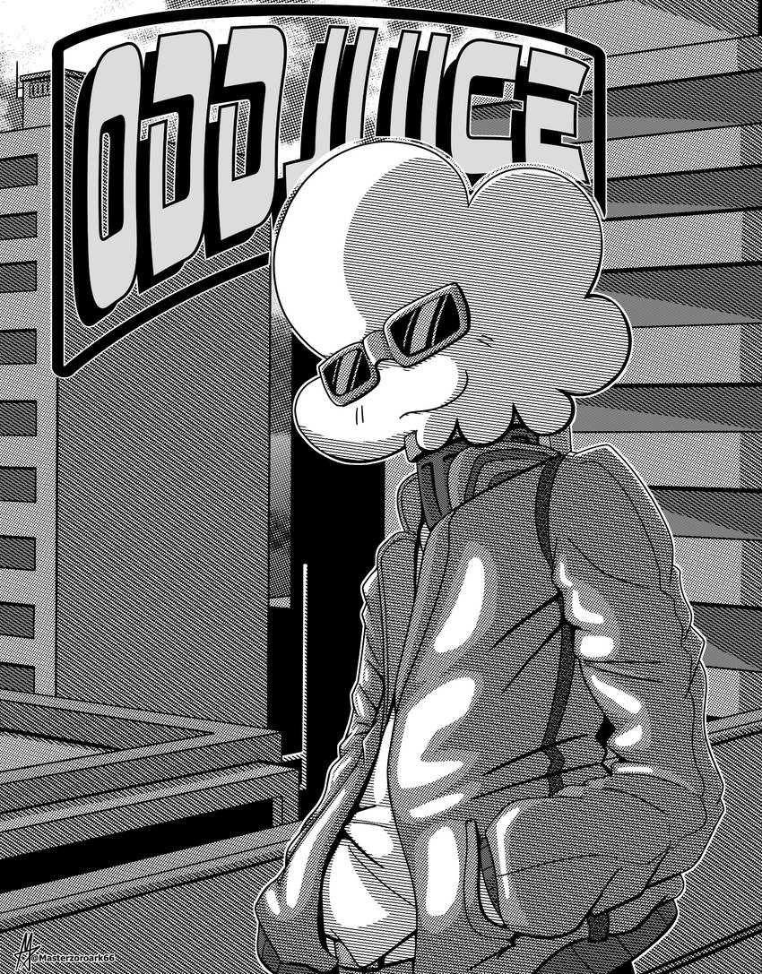 80s_clothing anthro city clothing container cup detailed_background eyewear halftone jacket male rooftops solo stylized sunglasses topwear masterzoroark666 oddjuice greyscale hi_res monochrome