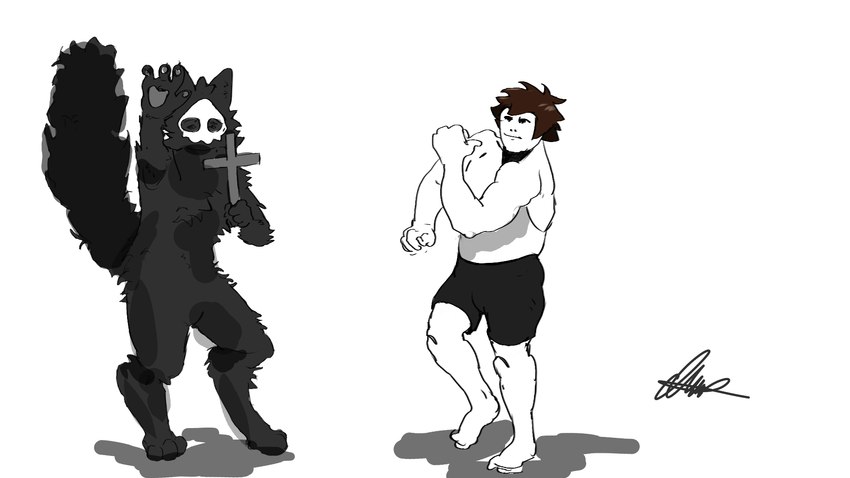 anthro black_body black_fur cross duo fur holding_cross holding_object humor male mask muscular muscular_male scared walking olimis changed_(video_game) lin_(changed) puro_(changed) human mammal 16:9 hi_res meme widescreen