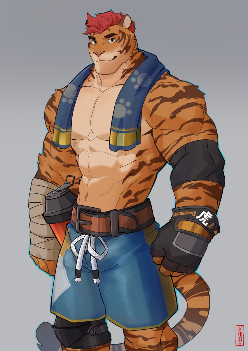 abs anthro belt biceps blue_bottomwear blue_clothing blue_shorts bottle bottomwear clothing container deltoids elbow_pads fingerless_gloves fur gloves hair hand_wraps handwear knee_pads looking_at_viewer male muscular muscular_anthro muscular_male obliques orange_body orange_fur pecs red_hair shorts solo standing striped_body striped_fur stripes towel towel_around_neck water_bottle wraps wrist_wraps ixkouu super_buckyball_tournament samba_(sbt) felid mammal pantherine tiger 2022 hi_res