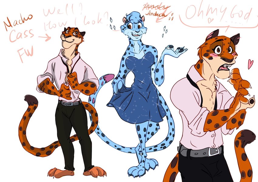 anthro belt brown_eyes colored_fur crossgender duo female fur heart_symbol loose_tie male male/female markings necktie spots spotted_body spotted_fur fuzzywuzzylittletail andy_(nekomimiranger) cass_(nekomimiranger) felid feline leopardus mammal ocelot pantherine snow_leopard 2020 hi_res