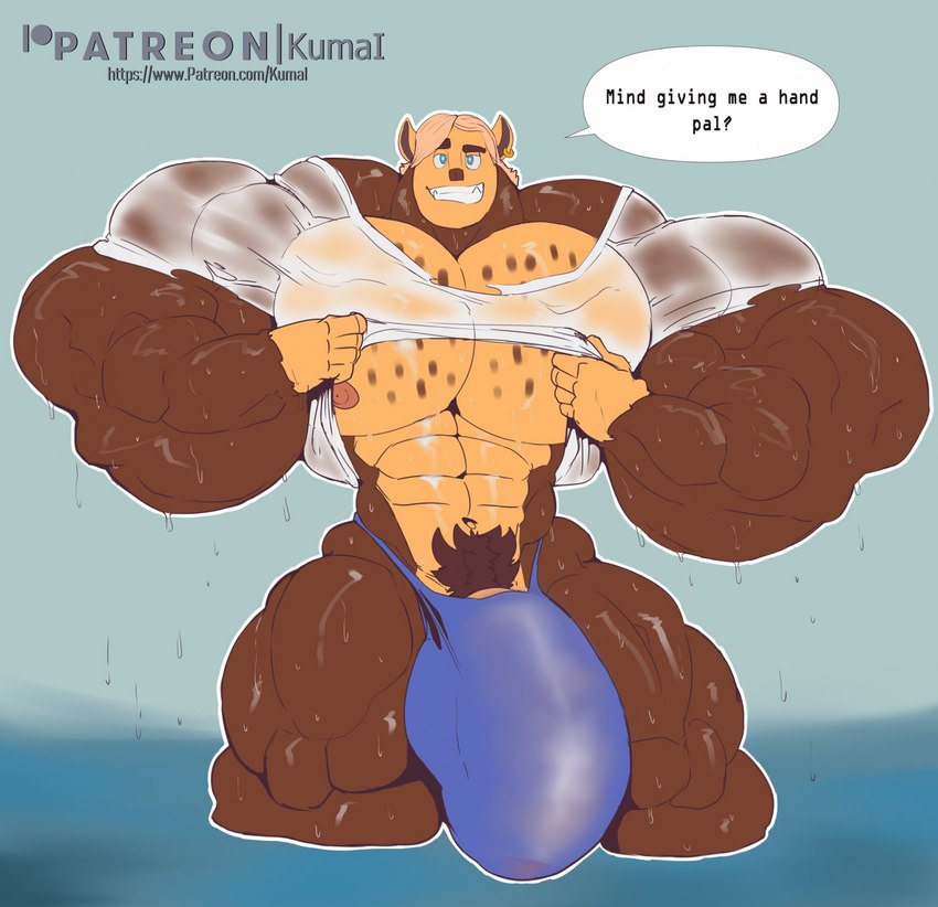 abs anthro biceps big_bulge big_muscles big_pecs big_penis blonde_hair blue_clothing blue_eyes blue_speedo blue_swimwear brown_body brown_fur bulge clothed clothing clothing_lift dialogue ear_piercing flaccid fur genitals grin hair huge_bulge huge_muscles huge_penis hyper hyper_genitalia hyper_muscles hyper_penis looking_at_viewer male multicolored_body multicolored_fur muscular muscular_anthro muscular_arms muscular_male muscular_thighs nipples partially_clothed pecs penis piercing pubes shirt shirt_lift smile smiling_at_viewer solo speech_bubble speedo swimwear text thick_thighs topwear two_tone_body two_tone_fur wet wet_clothing white_clothing white_shirt white_topwear kuma_iqwha all_hail_king_julien dreamworks madagascar_(series) sage_moondancer lemur mammal primate strepsirrhine english_text hi_res url