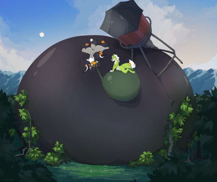 anthro belly belly_expansion big_belly close_to_bursting expansion fur hose hose_in_mouth hose_inflation huge_belly hyper hyper_belly immobile implied_popping liquid_inflation plant sky skyscape spherical_inflation tree tube_bulge water_inflation water_tower white_body white_fur luckyway cadence_(honkjuice) milofox canid canine fox mammal 2023 hi_res