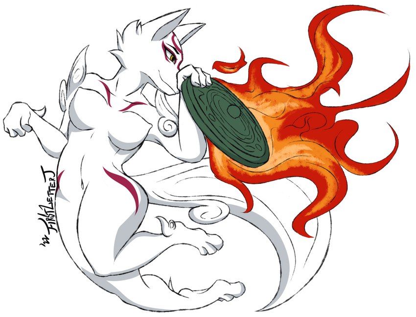 anthro breasts female fur markings nipples nude simple_background smile solo white_body white_fur firstletterj asian_mythology capcom clover_studio mythology okami_(capcom) amaterasu_(okami) canid canine canis deity mammal wolf digital_drawing_(artwork) digital_media_(artwork) hi_res