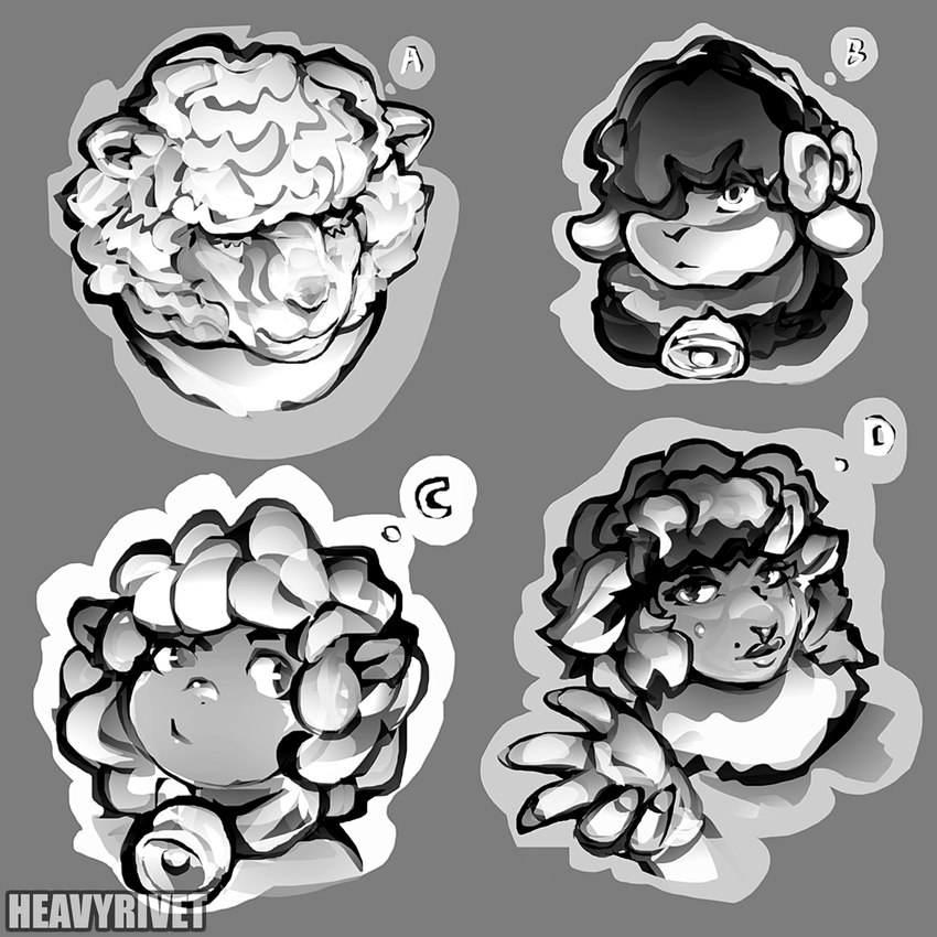 accessory afro ambiguous_gender anthro bell bell_collar bow_ribbon chibi collar feral fur group hair_accessory hair_bow hair_ribbon ribbons wool_(fur) heavyrivet bovid caprine human humanoid mammal sheep 1:1 concept_art hi_res model_sheet monochrome sketch