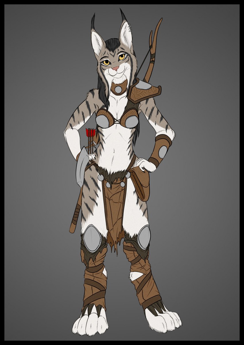 anthro arrow_(weapon) axe black_border border bow_(weapon) ear_piercing ear_ring female hands_on_hips piercing ranged_weapon ring_piercing solo tribal weapon spectronic mira_(spectronic) felid feline lynx mammal hi_res