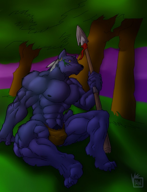 abs anthro athletic balls_outline biceps big_muscles biped black_nipples black_nose blue_body blue_fur blue_hair bottomwear bulge claws clothed clothing detailed_bulge ear_piercing fur genital_outline hair loincloth male melee_weapon muscular muscular_anthro muscular_male nipples pecs piercing plant polearm pose pubes sitting solo spear toe_claws topless tree tribal weapon yellow_eyes cyran waffle_(artist) canid canine canis mammal wolf digital_media_(artwork) hi_res