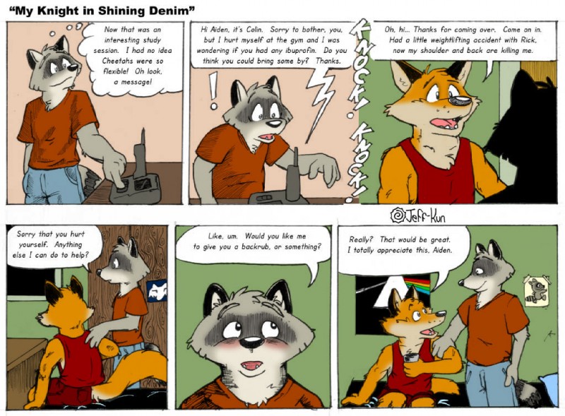 anthro blush cordless_phone dialogue duo electronics infatuation landline_phone male oblivious phone tail text wall_art leafdog closet_coon pink_floyd the_dark_side_of_the_moon_(album) aiden_harris colin_young canid canine fox mammal procyonid raccoon red_fox true_fox comic english_text