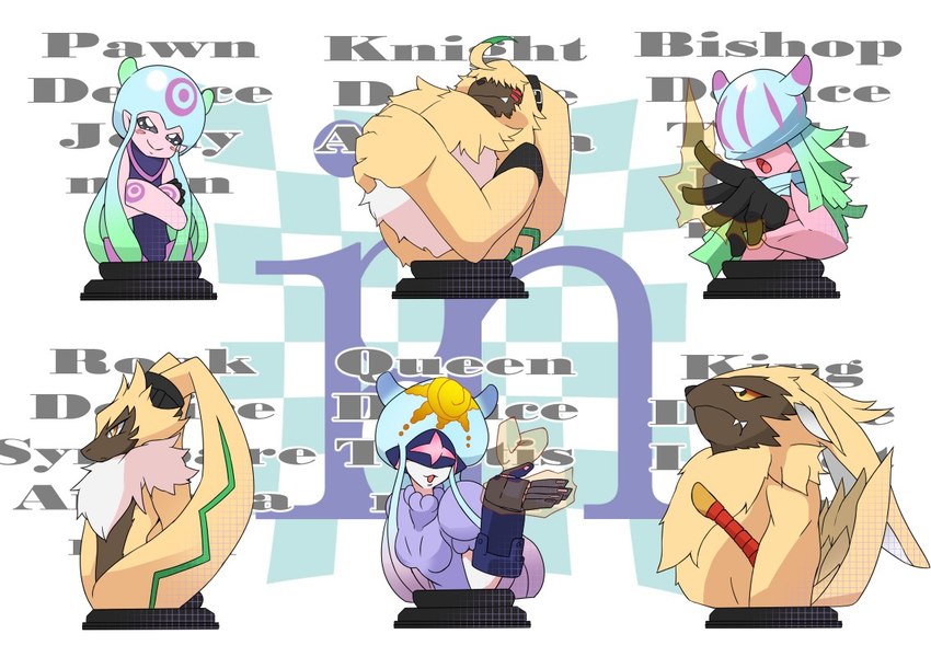 anthro chess chess_piece evolutionary_family female group long_ears male melee_weapon ponytail_ears sword tentacles text visor weapon gtmwd262 bandai_namco digimon digimon_ghost_game angoramon cnidarian digimon_(species) jellyfish jellymon lagomorph lamortmon leporid mammal marine medusozoan rabbit symbareangoramon teslajellymon thetismon english_text