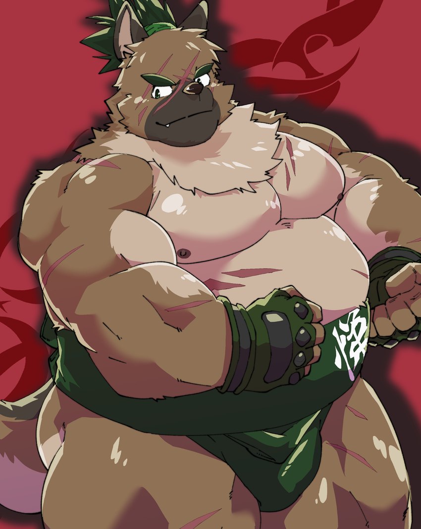 anthro asian_clothing belly brown_body brown_fur clothing east_asian_clothing eyebrows fingerless_gloves fur gloves handwear japanese_clothing male mawashi musclegut muscular nipples pecs scar smile solo thick_eyebrows lost_out_gi lifewonders tokyo_afterschool_summoners yasuyori_(tas) canid canine canis domestic_dog mammal absurd_res hi_res