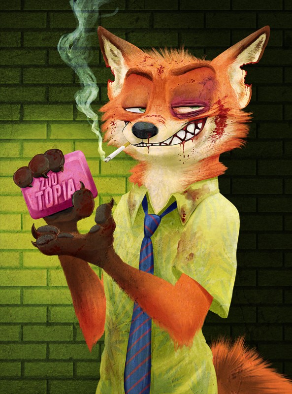 anthro black_eye_(injury) black_nose blood bodily_fluids bruised cigarette clothing countershading green_eyes male necktie rape_face shirt smoking soap solo topwear conditional_dnp jonas disney fight_club zootopia nick_wilde canid canine fox mammal red_fox true_fox crossover hi_res