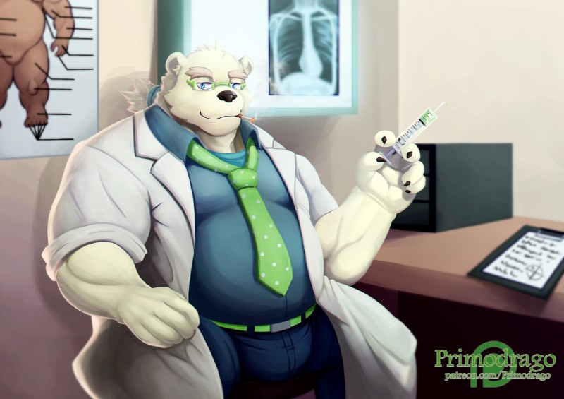 anatomy_chart anthro belly biped black_nose bottomwear bulge chart clipboard clothing doctor doctor's_office front_view holding_object holding_syringe looking_at_viewer male medical_instrument medical_syringe musclegut muscular muscular_anthro muscular_male overweight overweight_anthro overweight_male pants radiograph scientific_instrument sitting smoking solo syringe primodrago lifewonders tokyo_afterschool_summoners leib_(tas) bear mammal polar_bear ursine 2018