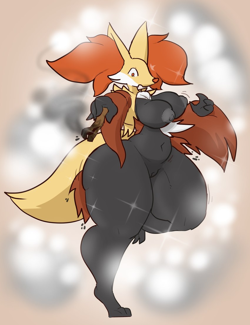 anthro areola big_breasts big_tail bottom_heavy breasts brown_background brown_body brown_fur cheek_tuft facial_tuft female fur genitals grey_areola grey_nipples holding_object holding_stick huge_thighs inner_ear_fluff navel nipples nude on_one_leg orange_body orange_eyes orange_fur orange_nose pussy simple_background smoke solo sparkles standing stick tail thick_thighs tuft wide_hips yellow_body yellow_fur amillionbears nintendo pokemon delphox generation_6_pokemon pokemon_(species) hi_res