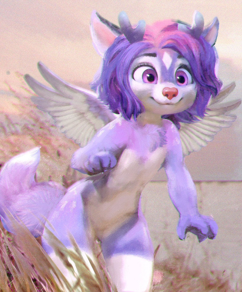 anthro eyebrows eyelashes feathered_wings feathers female fur grass hair highlights_(coloring) horn markings pink_hair pink_nose plant purple_body purple_eyes purple_fur purple_hair smile solo standing white_body white_fur white_markings wings young young_anthro hriscia canid hybrid mammal 2020 hi_res