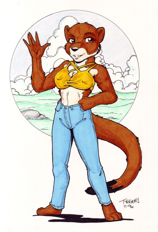 anthro biped black_nose breasts brown_body brown_fur circle clothed clothing female fur looking_at_viewer midriff nipple_outline simple_background solo standing tail water white_background tygger malia mammal mustelid otter 1996 hi_res